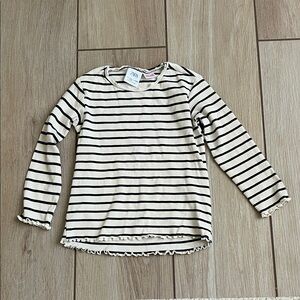 Zara Cream and Black Striped Long-Sleeve Top with Ruffle Trim, size 3-4T